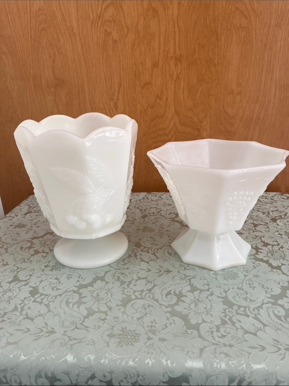 Pedestal Milk Glass Dish Set - Napco & Anchor Hocking Grape Patterns